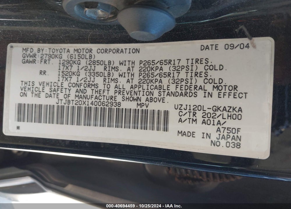 2004 LEXUS GX 470 VIN: JTJBT20X140062938