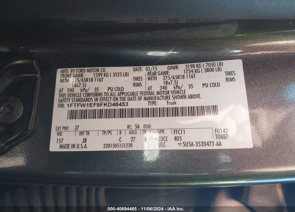 2015 FORD F-150 VIN: 1FTFW1EF9FKD48453