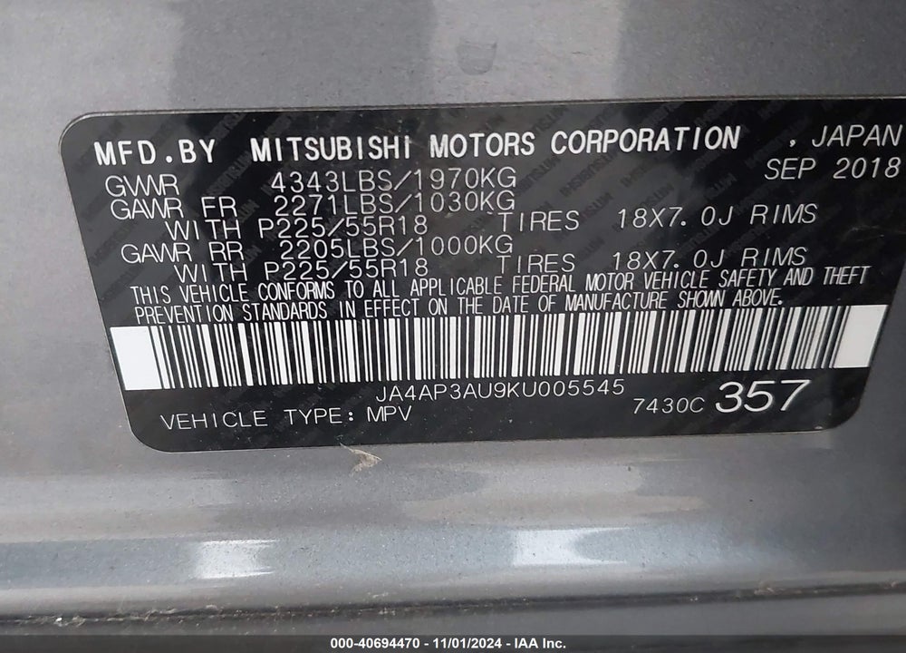 2019 MITSUBISHI OUTLANDER SPORT 2.0 ES VIN: JA4AP3AU9KU005545