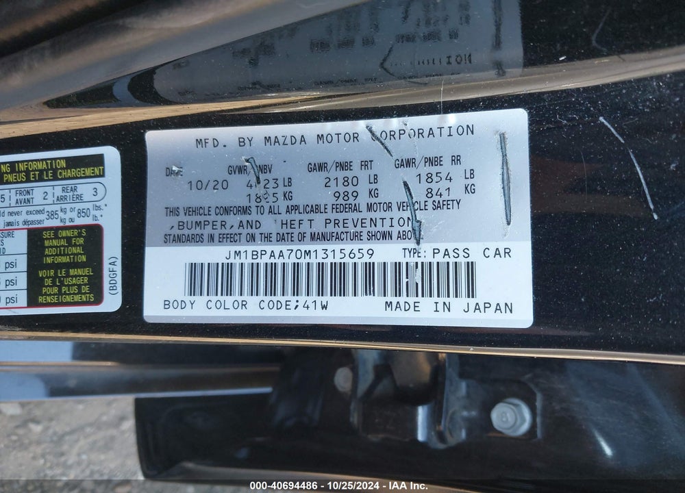 2021 MAZDA 3 2.0 VIN: JM1BPAA70M1315659