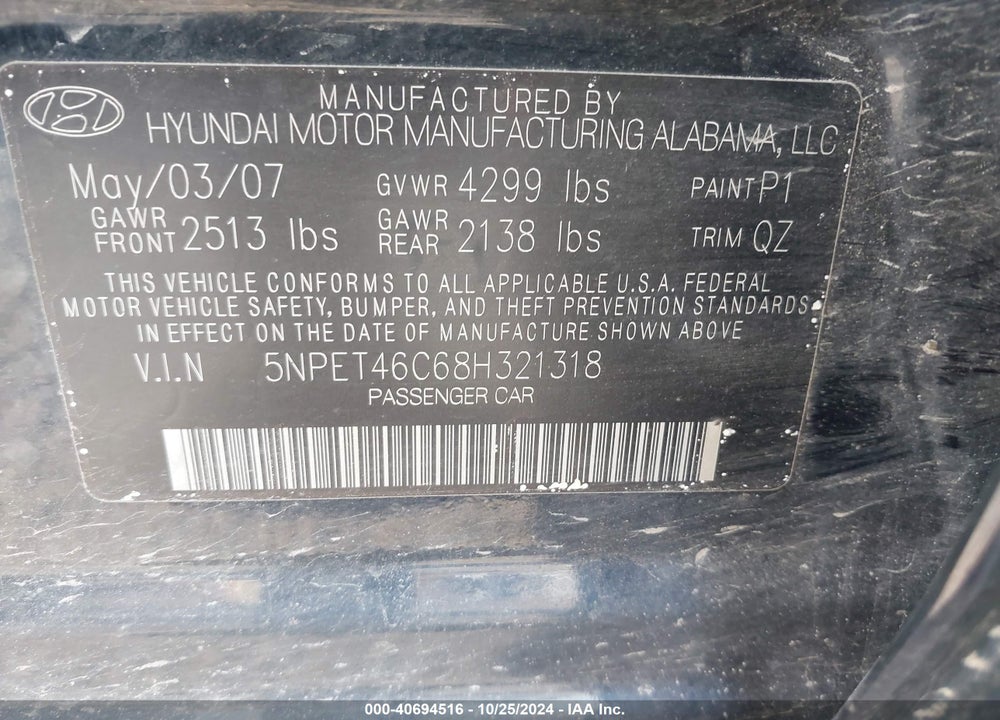 2008 HYUNDAI SONATA GLS VIN: 5NPET46C68H321318