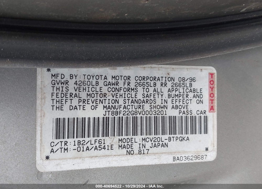 1997 LEXUS ES 300 300 VIN: JT8BF22G8V000320