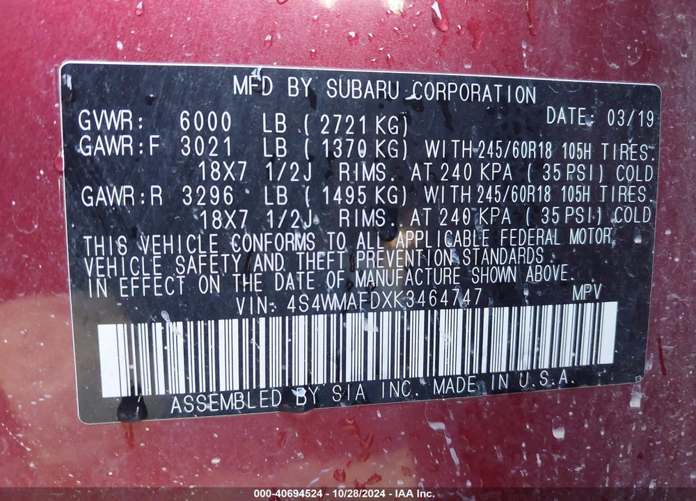 2019 SUBARU ASCENT PREMIUM VIN: 4S4WMAFDXK3464747