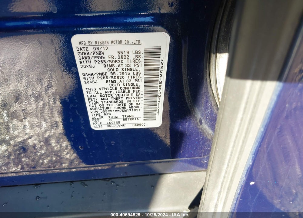 2013 INFINITI FX37 VIN: JN8CS1MW7DM171021