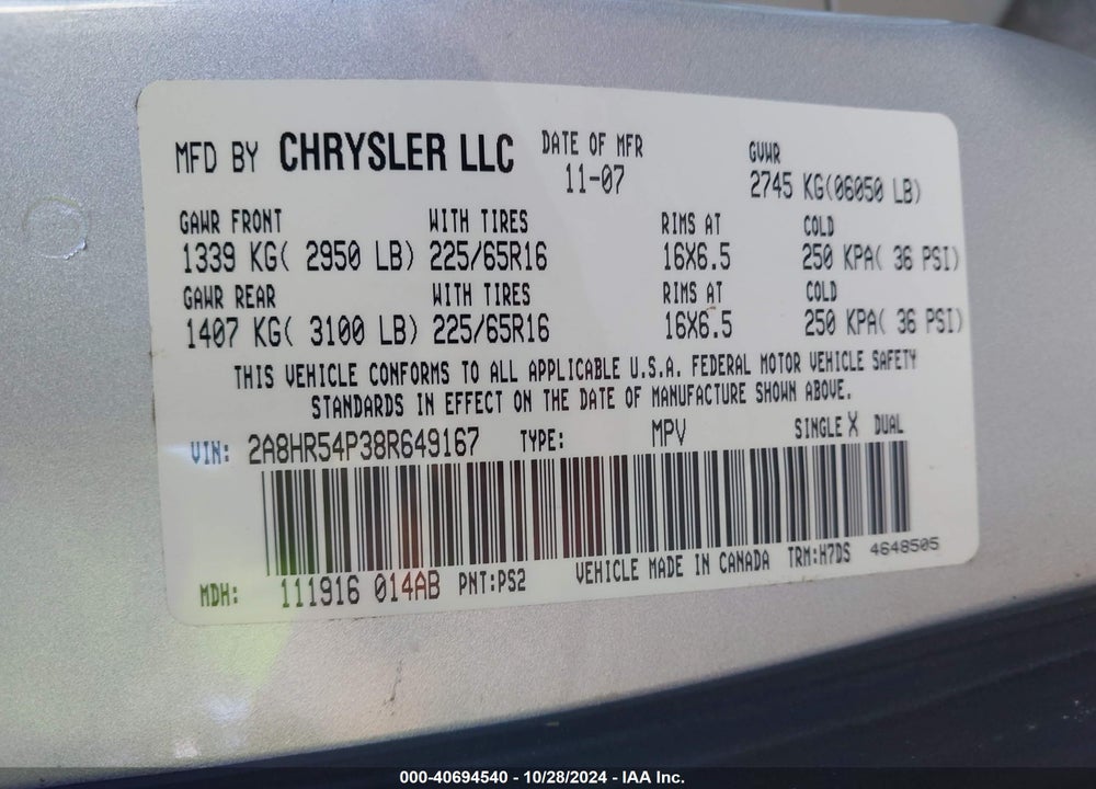 2008 CHRYSLER TOWN & COUNTRY TOURING VIN: 2A8HR54P38R649167