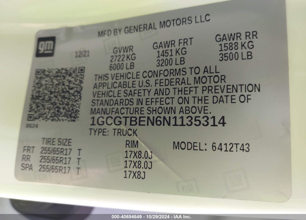 2022 CHEVROLET COLORADO 4WD LONG BOX WT VIN: 1GCGTBEN6N1135314