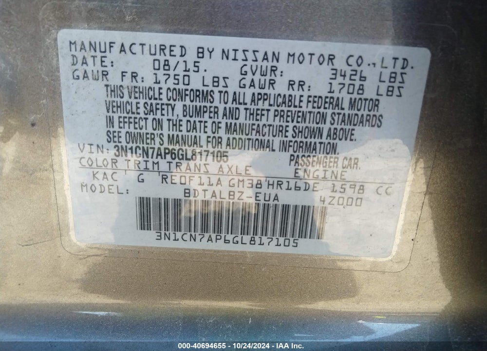 2016 NISSAN VERSA 1.6 SV VIN: 3N1CN7AP6GL817105