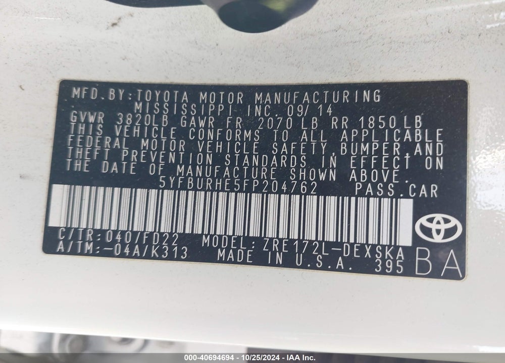 2015 TOYOTA COROLLA S PLUS VIN: 5YFBURHE5FP204762