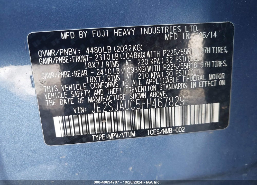 2015 SUBARU FORESTER 2.5I TOURING VIN: JF2SJAUC5FH467829
