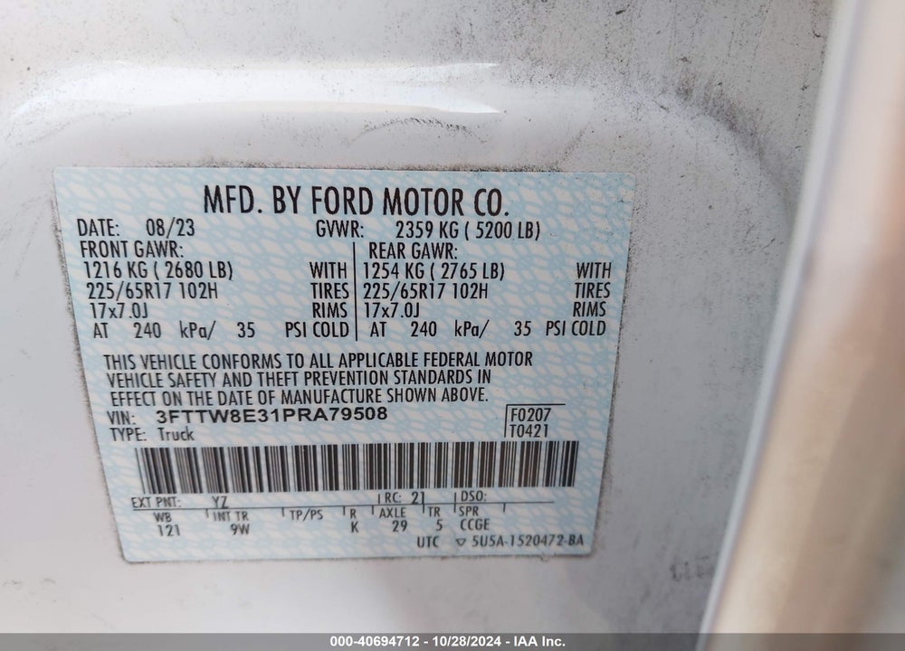 2023 FORD MAVERICK XL VIN: 3FTTW8E31PRA79508