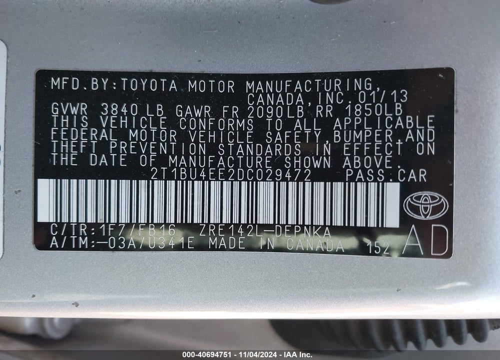 2013 TOYOTA COROLLA LE VIN: 2T1BU4EE2DC029472