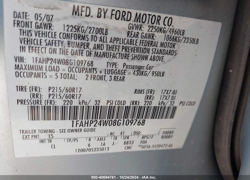 2008 FORD TAURUS SEL VIN: 1FAHP24W08G109768