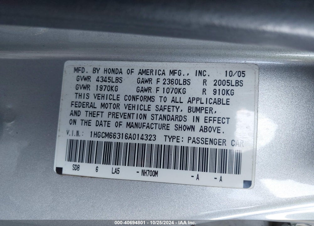 2006 HONDA ACCORD 3.0 LX VIN: 1HGCM66316A014323