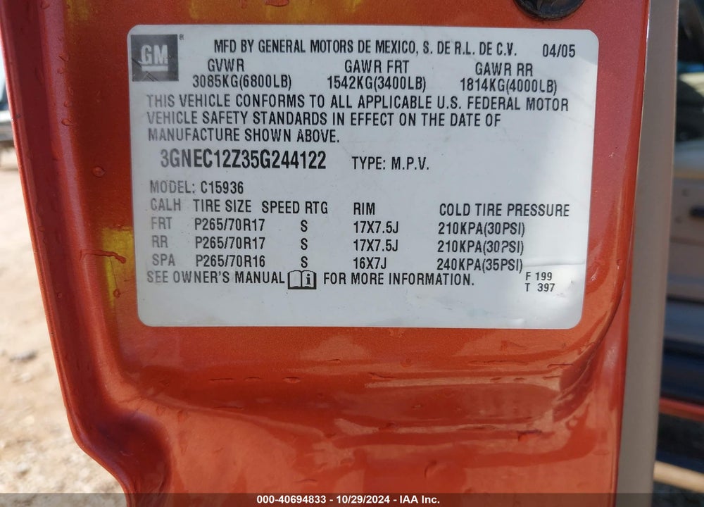 2005 CHEVROLET AVALANCHE 1500 Z66 VIN: 3GNEC12Z35G244122