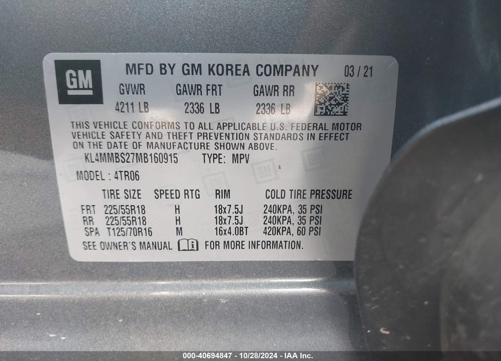 2021 BUICK ENCORE GX FWD PREFERRED VIN: KL4MMBS27MB160915