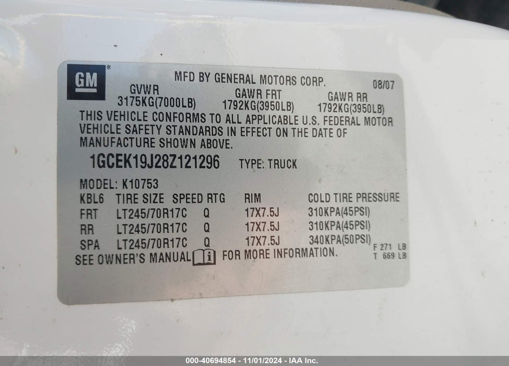 2008 CHEVROLET SILVERADO 1500 WORK TRUCK VIN: 1GCEK19J28Z121296