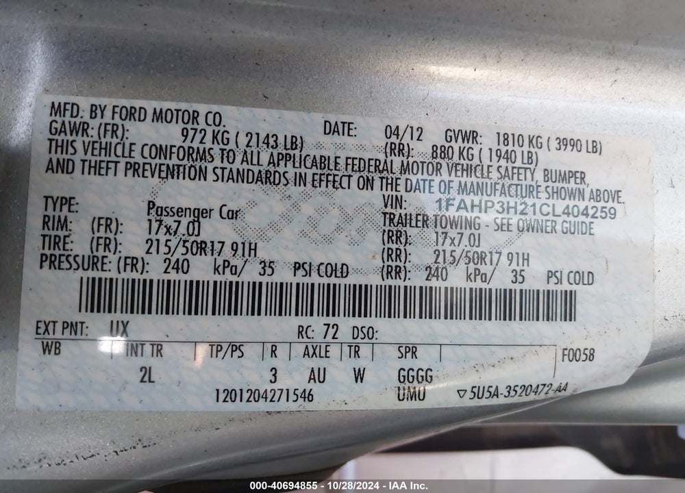 2012 FORD FOCUS SEL VIN: 1FAHP3H21CL404259