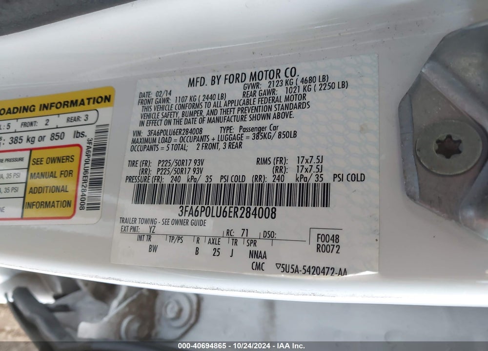 2014 FORD FUSION HYBRID SE VIN: 3FA6P0LU6ER284008