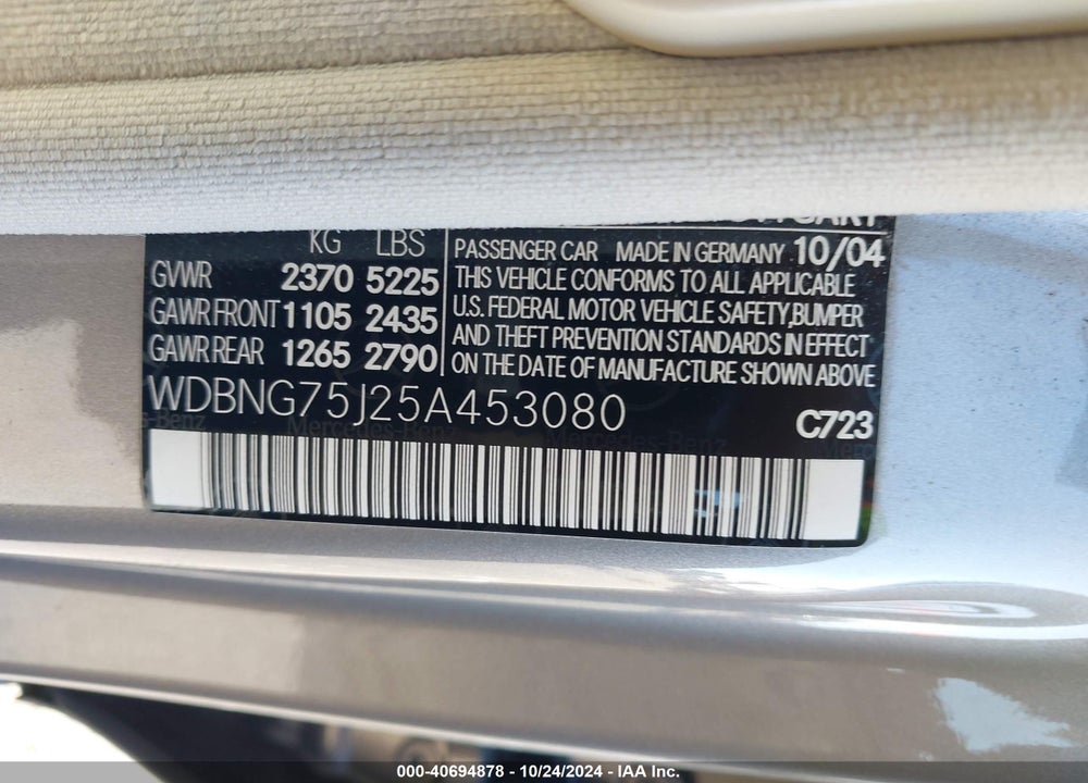 2005 MERCEDES-BENZ S 500 VIN: WDBNG75J25A453080