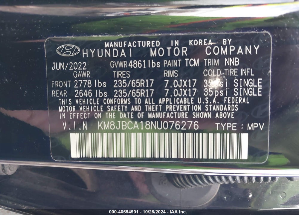 2022 HYUNDAI TUCSON HYBRID BLUE VIN: KM8JBCA18NU076276