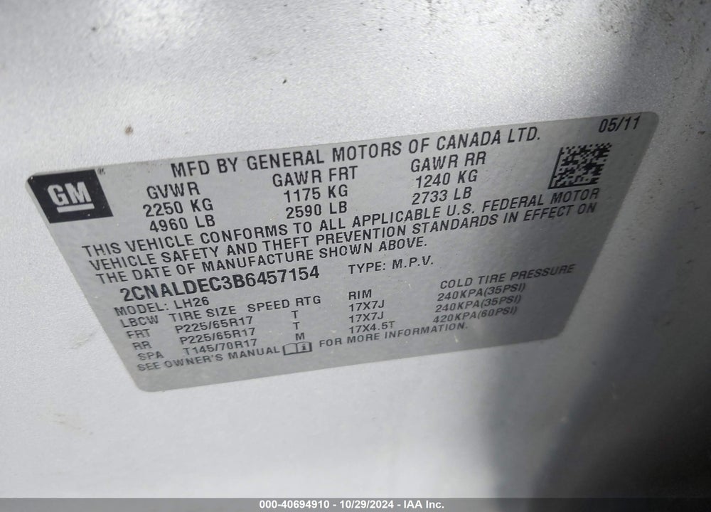 2011 CHEVROLET EQUINOX 1LT VIN: 2CNALDEC3B6457154