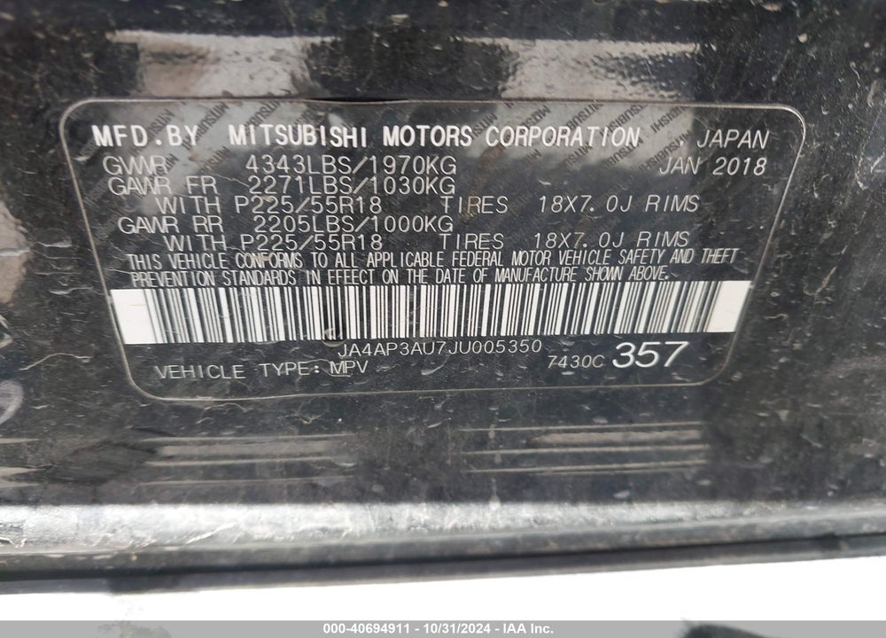 2018 MITSUBISHI OUTLANDER SPORT 2.0 ES VIN: JA4AP3AU7JU005350