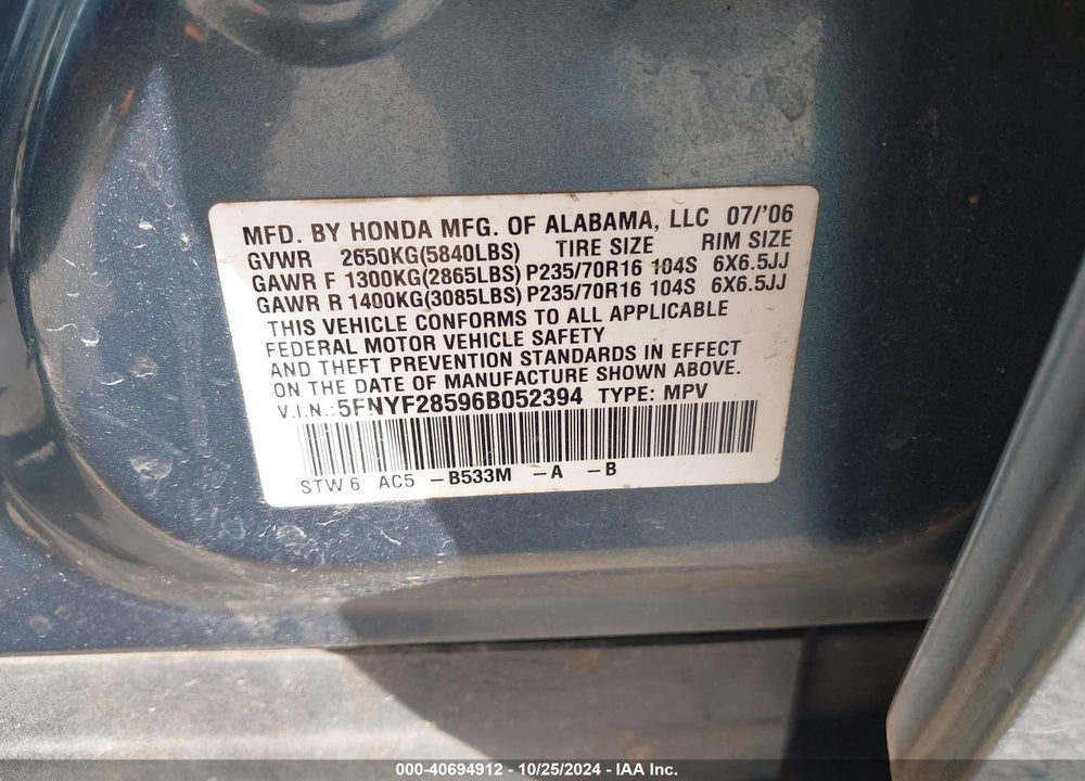 2006 HONDA PILOT EX-L VIN: 5FNYF28596B052394