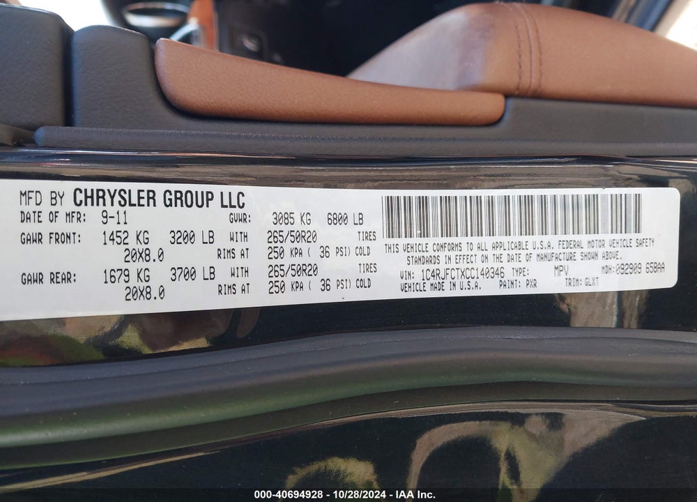 2012 JEEP GRAND CHEROKEE OVERLAND VIN: 1C4RJFCTXCC140346