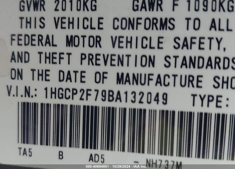 2011 HONDA ACCORD 2.4 EX VIN: 1HGCP2F79BA132049