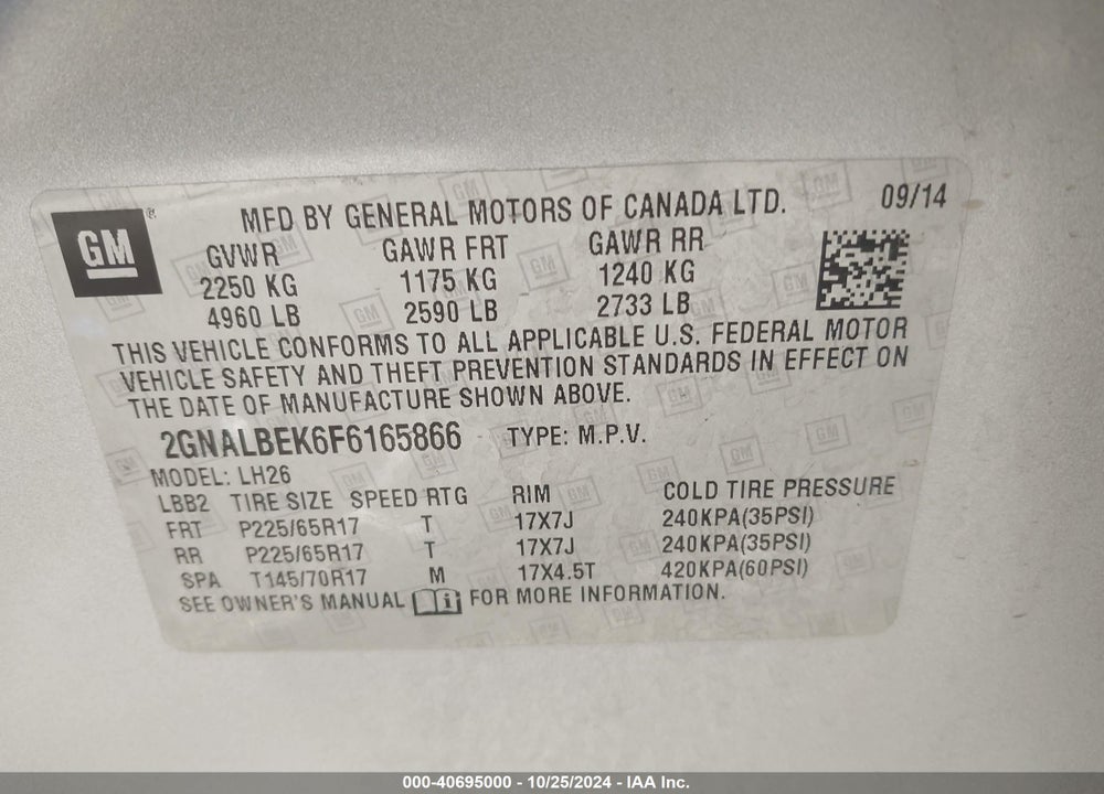 2015 CHEVROLET EQUINOX 1LT VIN: 2GNALBEK6F6165866