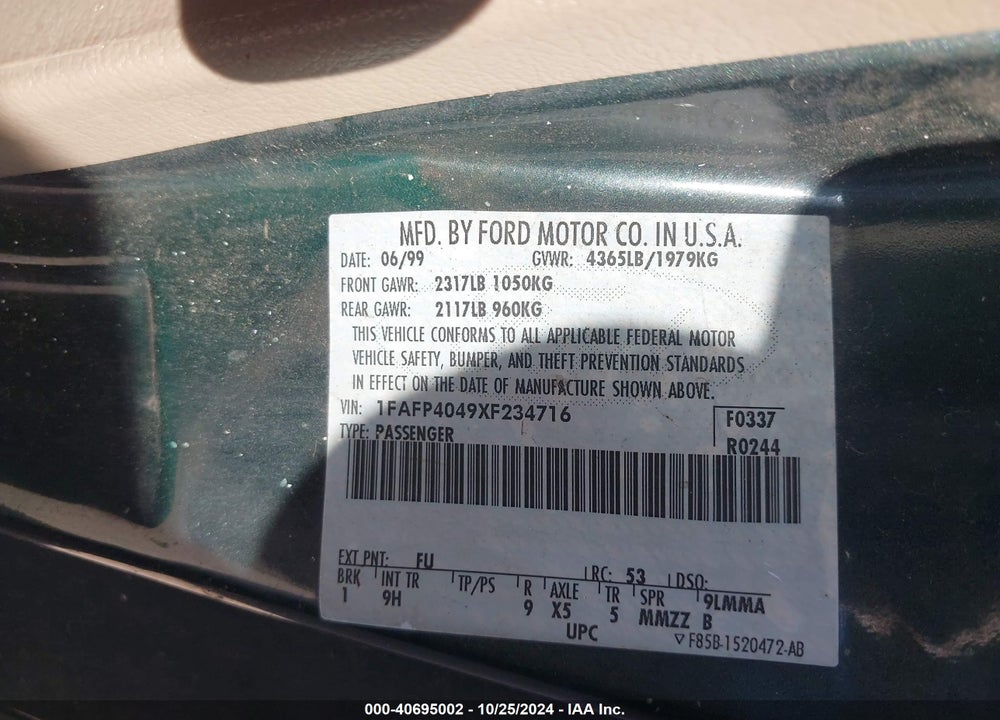 1999 FORD MUSTANG VIN: 1FAFP4049XF234716