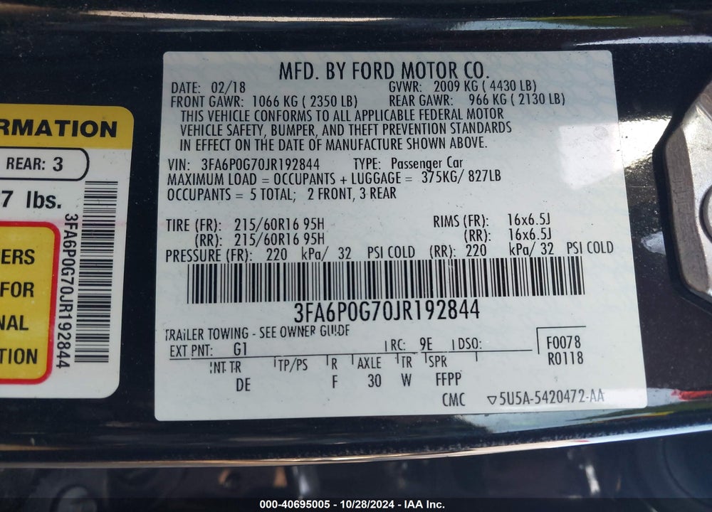 2018 FORD FUSION S VIN: 3FA6P0G70JR192844