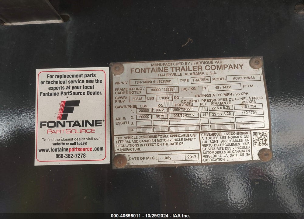 2018 FONTAINE TRAILER CO TRAILER VIN: 13N148206J1525981