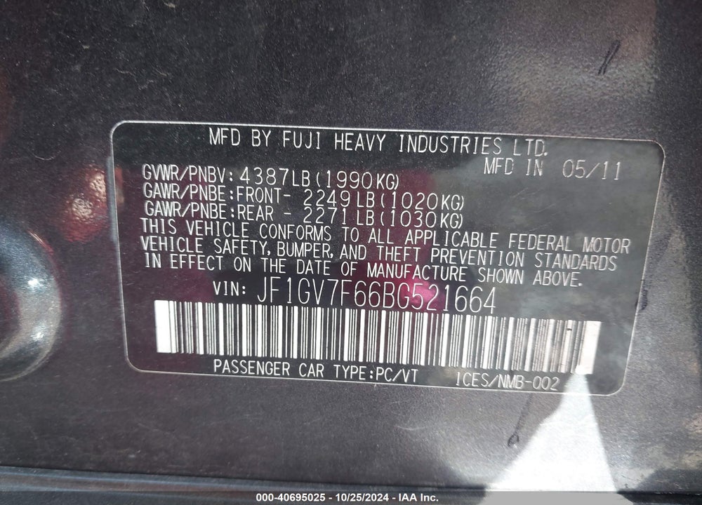 2011 SUBARU IMPREZA WRX LIMITED VIN: JF1GV7F66BG521664