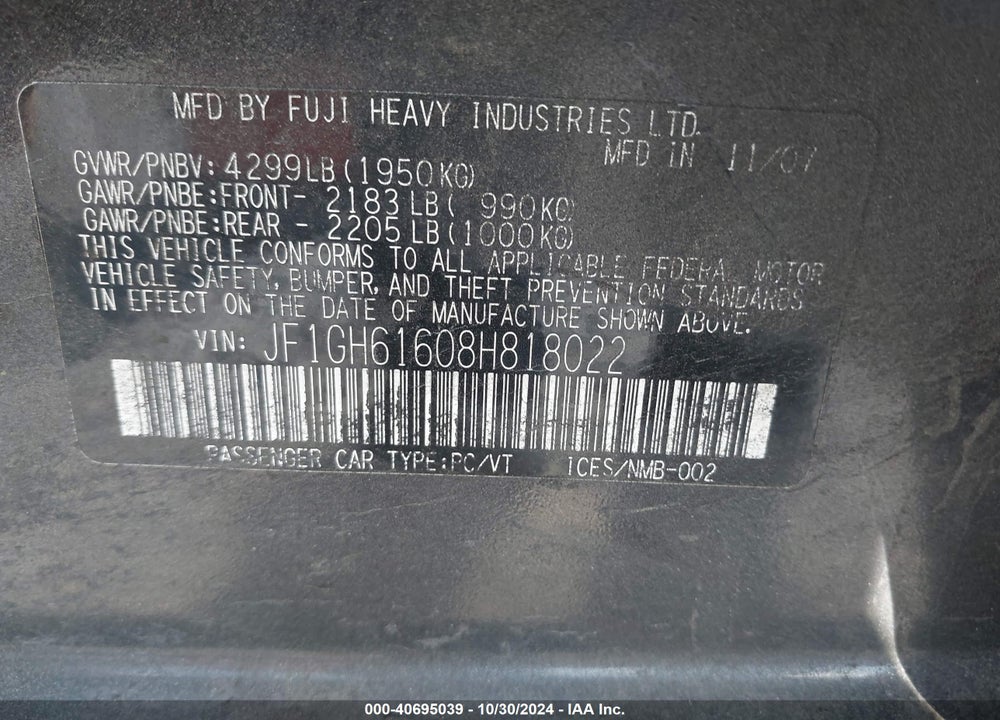 2008 SUBARU IMPREZA 2.5I VIN: JF1GH61608H818022