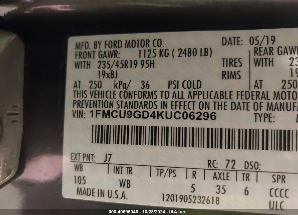 2019 FORD ESCAPE SE VIN: 1FMCU9GD4KUC06296