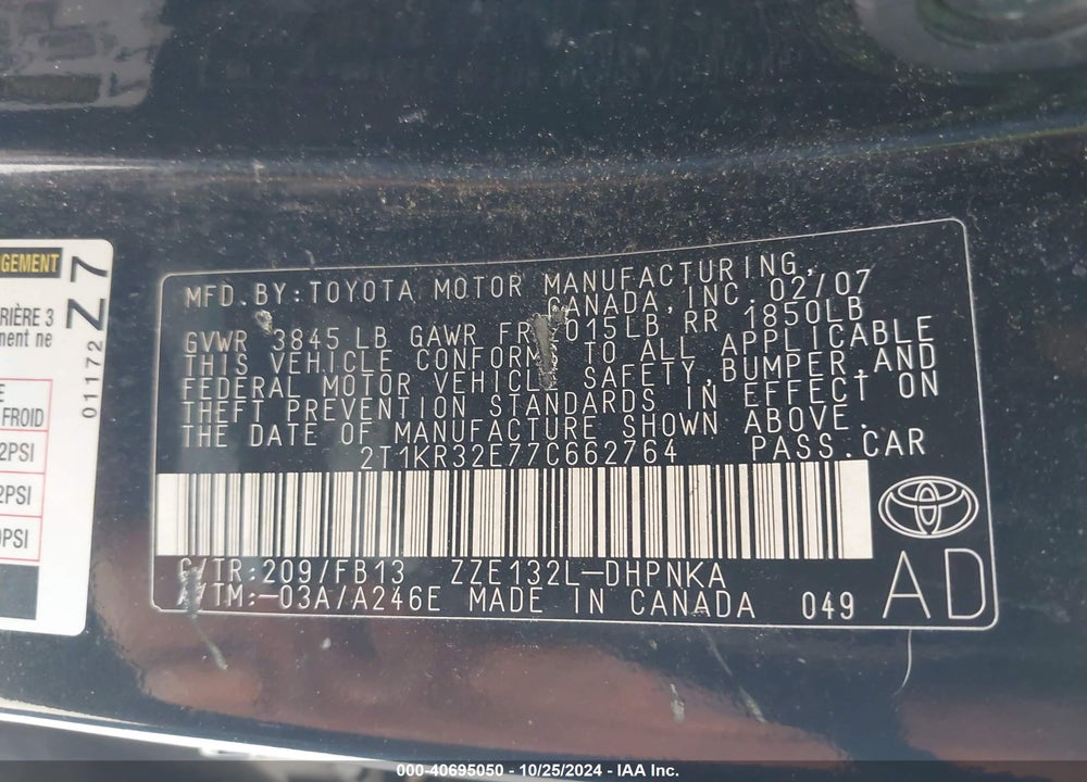 2007 TOYOTA MATRIX/XR VIN: 2T1KR32E77C662764