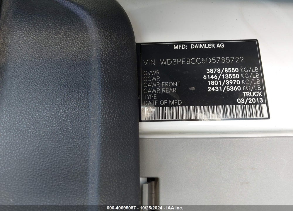 2013 MERCEDES-BENZ SPRINTER 2500 HIGH ROOF VIN: WD3PE8CC5D5785722
