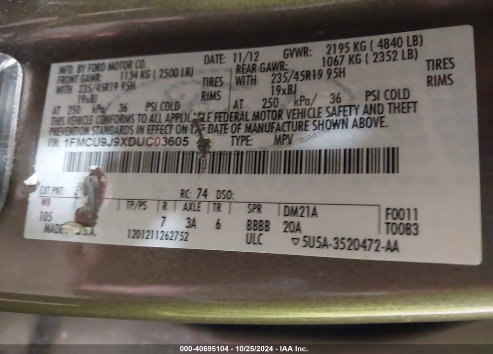 2013 FORD ESCAPE TITANIUM VIN: 1FMCU9J9XDUC03605