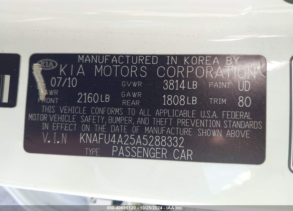 2010 KIA FORTE EX VIN: KNAFU4A25A5288332