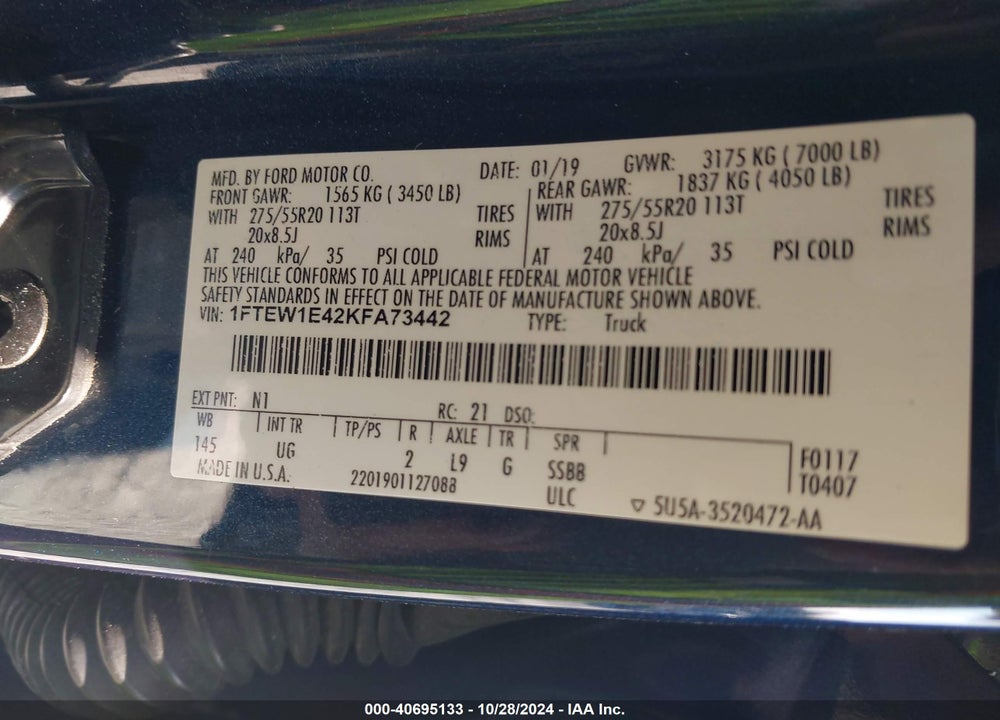 2019 FORD F-150 XLT VIN: 1FTEW1E42KFA73442
