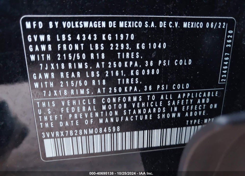 2022 VOLKSWAGEN TAOS 1.5T SE VIN: 3VVRX7B28NM084598