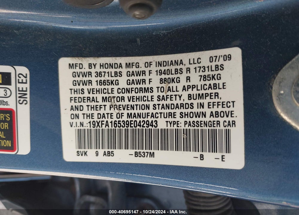 2009 HONDA CIVIC LX VIN: 19XFA16539E042943
