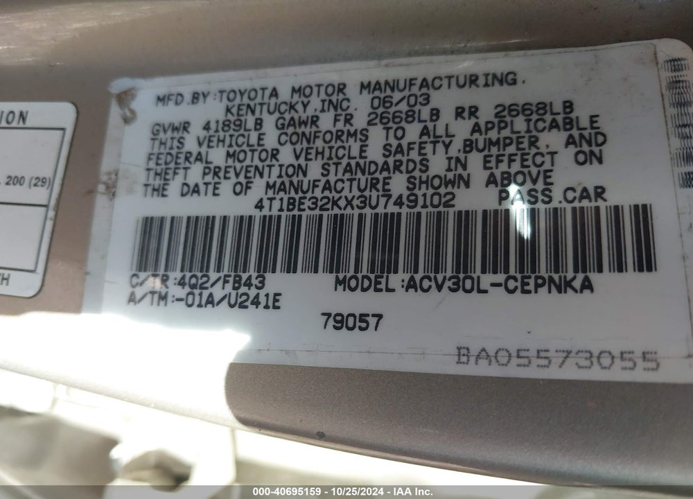 2003 TOYOTA CAMRY LE VIN: 4T1BE32KX3U749102