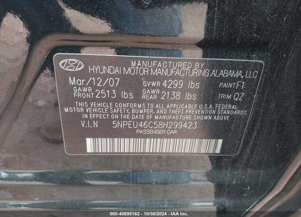 2008 HYUNDAI SONATA LIMITED/SE VIN: 5NPEU46C58H299423