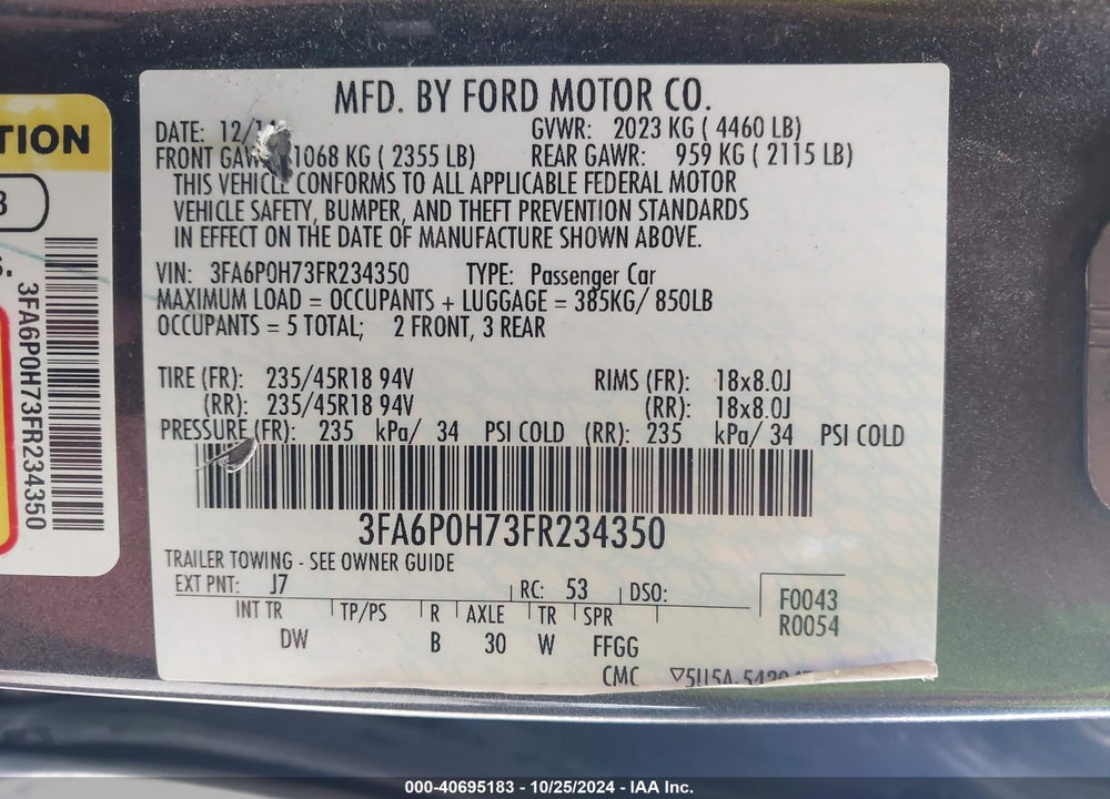 2015 FORD FUSION SE VIN: 3FA6P0H73FR234350