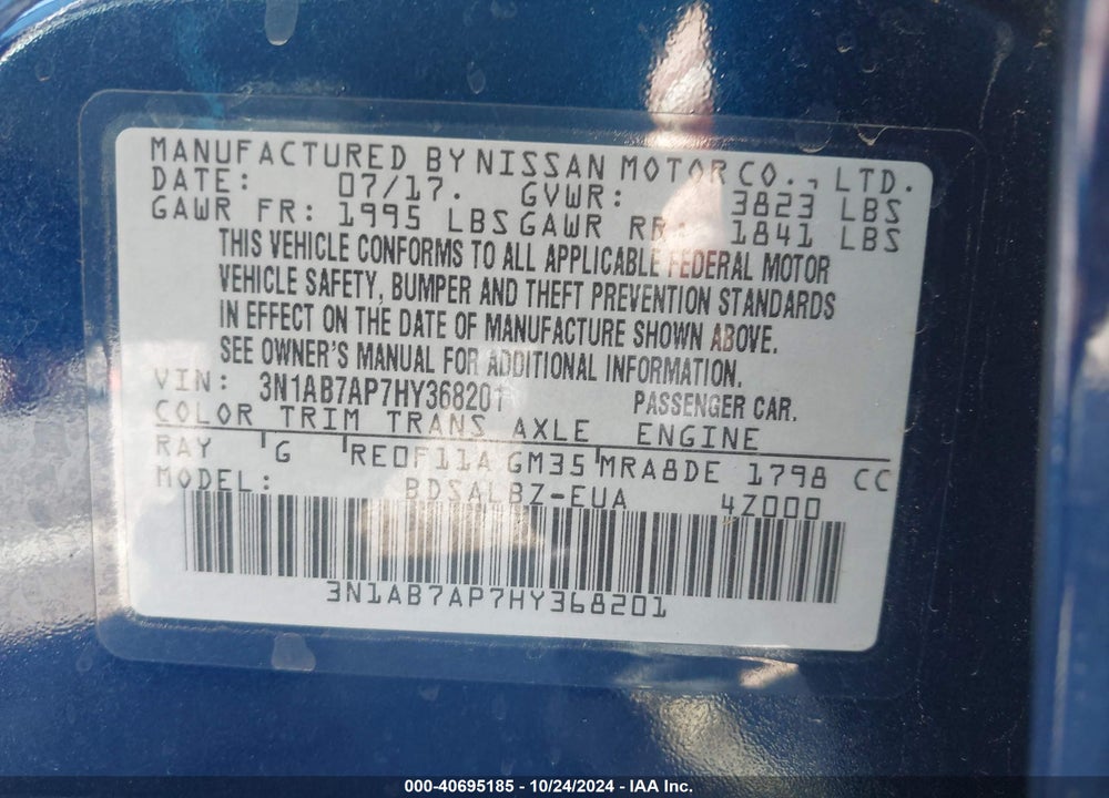 2017 NISSAN SENTRA S VIN: 3N1AB7AP7HY368201