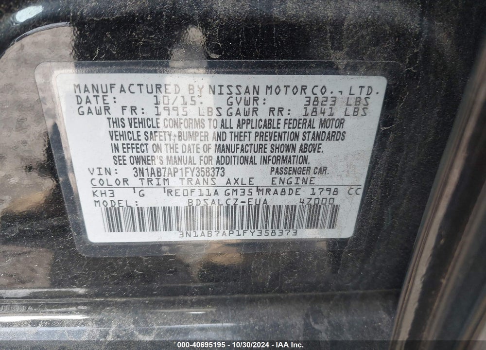 2015 NISSAN SENTRA S VIN: 3N1AB7AP1FY358373
