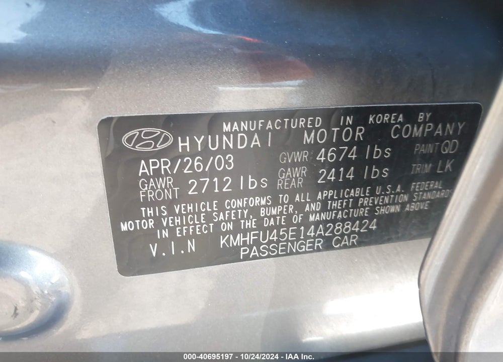 2004 HYUNDAI XG350 L VIN: KMHFU45E14A288424