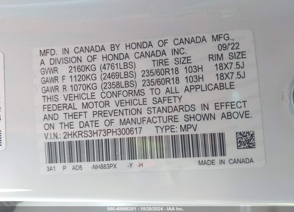 2023 HONDA CR-V EX-L 2WD VIN: 2HKRS3H73PH300617